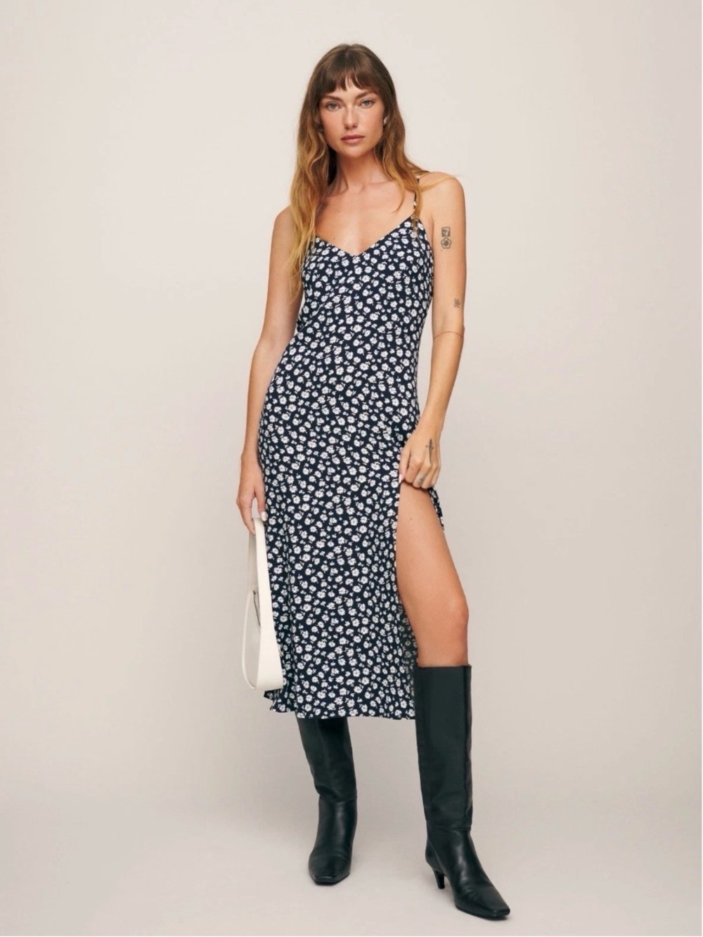 Reformation Zoe Cremini Slip Dress Slit 8 Viscose Daisy Floral VGUC